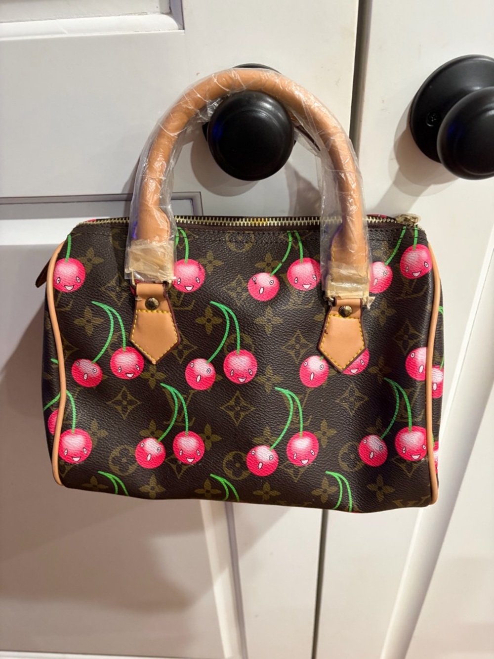 Designer-Style Cherry Print Brown Satchel Bag